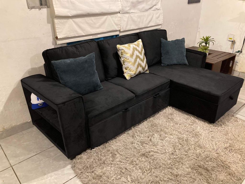 Brand New In Box 📦 Black Velvet L Sectional Couch With Storage On The Side Pull Out Bed And Storage Underneath & USB 