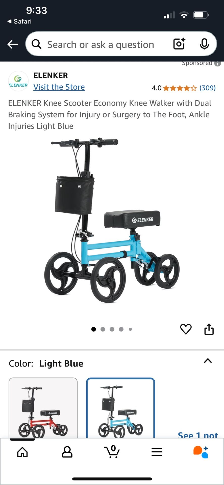 New! ELENKER Knee Scooter Economy Knee Walker with Dual Braking System for Injury or Surgery to The Foot, Ankle Injuries Light Blue