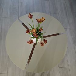 ​Mid-Century Modern Round Coffee Table - Tri-Panel Top & Walnut Finish