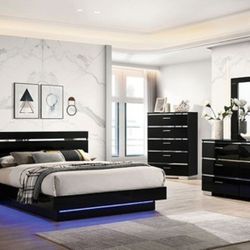 Brand New Black Chrome Low Profile Platform 6pc Cal.king Size Bedroom Set 