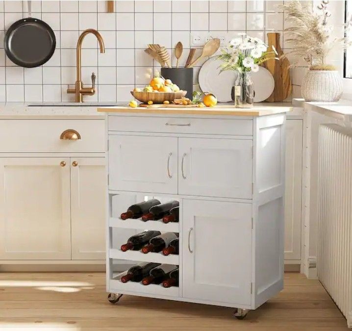 HOMCOM Rolling Kitchen Cart with Drawer and 9-Bottle Wine Rack
