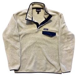 Patagonia Lightweight Synchilla Snap-T Fleece Pullover - Men's Large, Oatmeal Heather & Smolder Blue