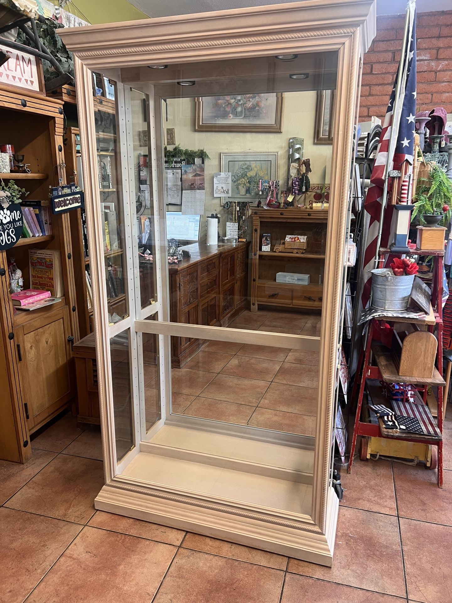 Large Wood Curio Cabinet With Glass Shelves And Mirrors