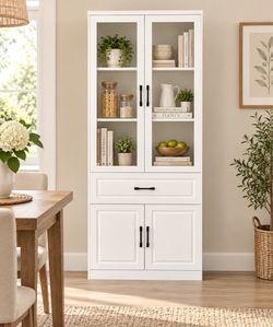 White Modern Kitchen Pantry With Glass Doors