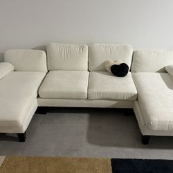 Furmax Sectional Couches for Living Room, U-Shaped Sofa Couch with Linen Fabric, 4 Seat Sofa Set with Double Chaise for Apartment (Fabric, White)