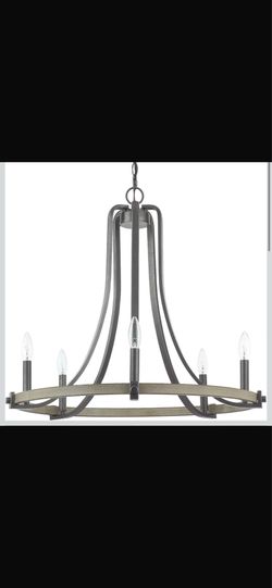 New in box 5-Light Farmhouse Chandelier Lighting Fixture, Country Rustic Wagon Wheel Pendant Light for Kitchen Island Dining Room, Oil Black & Faux Wo