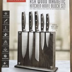 Art and Cook 6-Piece Ash Wood Magnetic Stainless Steel Kitchen Knife Block Set