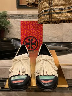 Tory Burch Ruth Kiltie Loafers In Navy And White 