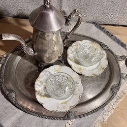 Silver Serving Tray, Kettle 