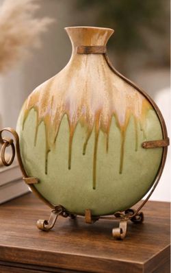 Green Drip Glaze Ceramic Vase w/ Metal Stand Rustic Boho Farmhouse Decor
