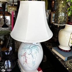 Vintage 80s handpainted pottery crock style lamp ivory with pink and blue floral pastel