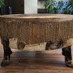 Vintage African Rawhide Drum Coffee Table with Carved Hoof Legs