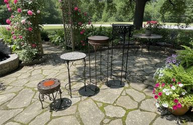 $40 for all 4! 4 Metal Garden Patio Plant Stands! Good condition! Tallest 33in shortest 12in