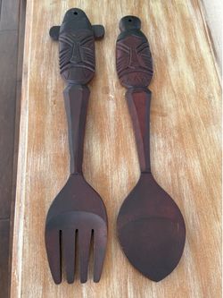 Large hand carved old wooden fork and spoon wall decor great shape