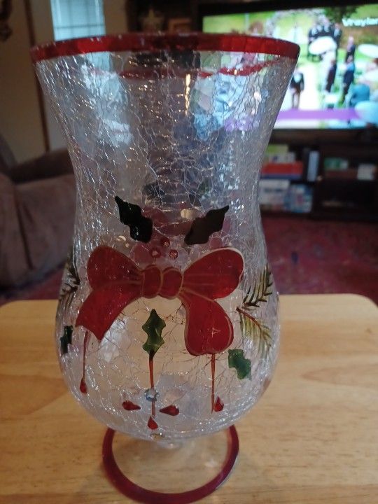 CHRISTMAS VINTAGE HAND PAINTED CRACKLE GLASS CANDLE HOLDER