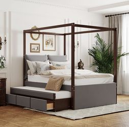 Full Size Canopy Bed With Trundle & Storage