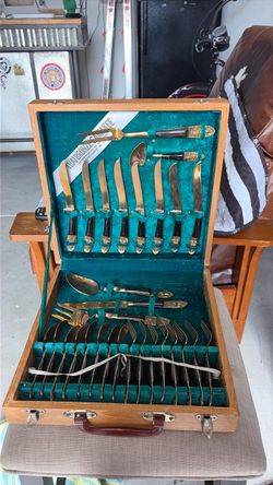Gold-Tone Flatware Set in Wooden Case