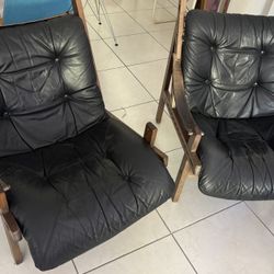 Vintage Solid Wood & Leather Lounge Chairs 