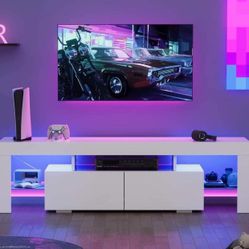 Modern LED TV Stand for Televisions up to 70 Inch with Glass Shelves and Drawer, Gaming Entertainmen