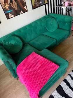 Green Velvet Couch  & Bar Stools