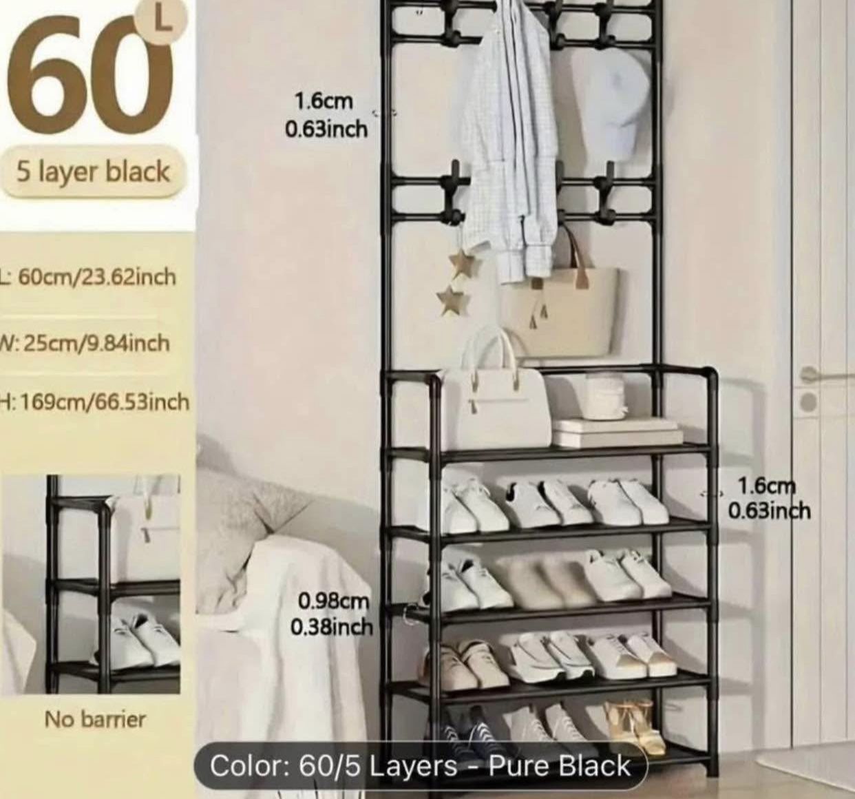 Multi-functional shoe rack with dust cloth layer, with 8 hooks, can store keys, scarves and hats, su