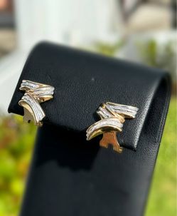 Jewelry 10k hollow two tone yellow gold Z stud clip diamond cut earrings 3.10g