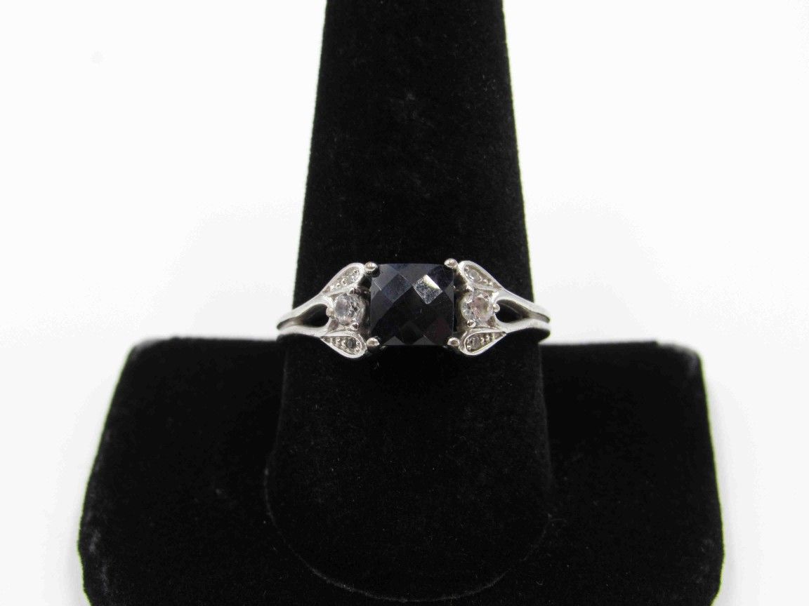 Size 10 Sterling Silver Sapphire & CZ Diamond Band Ring Vintage Statement Engagement Wedding Promise Anniversary Bridal Cocktail Friendship
