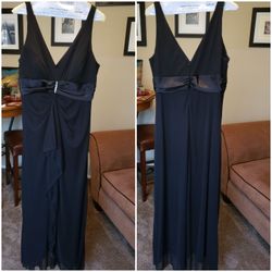 AVAILABLE..Black/Eve/Formal Gown:Jump Apparel,size13/14,sleeveless/straps,V-Neck,highSatinWaist W/Bling,Long & SatinShoulderWrap