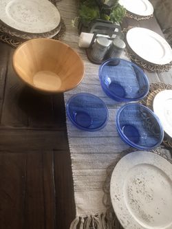 Blue Glass and wood Bowls