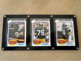2004 Topps Fan Favorite Pittsburgh Steelers The Steel Curtain 3 card set in display