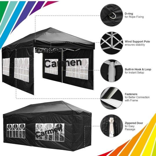 10x20' Easy Pop Up Canopy with Removable Sidewalls Waterproof Folding Wedding Party Tent Outdoor Black Brand New