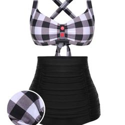 1950s Double Strap Buttoned Plaid Swimsuit / S