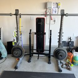 Squat Rack, Bench, Bar + Weights