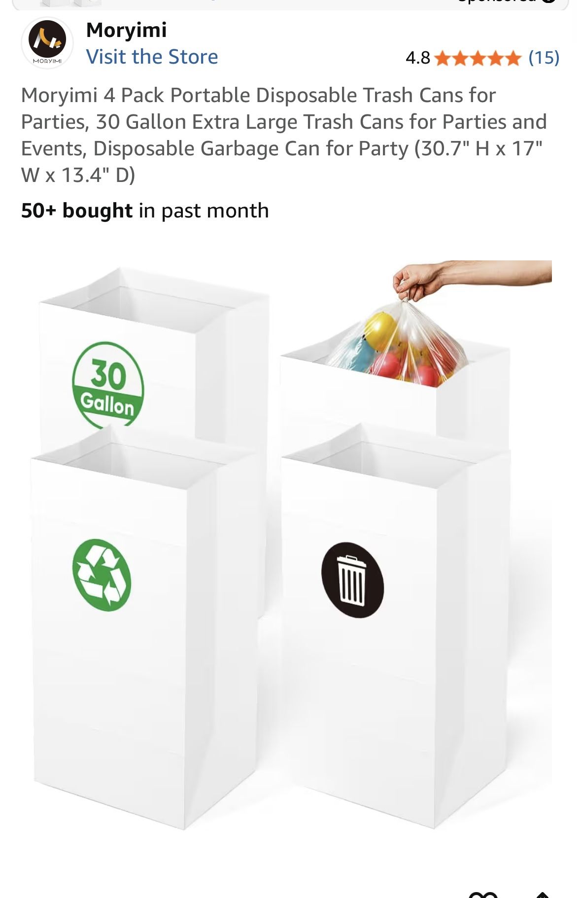 Moryimi 4 Pack Portable Disposable Trash Cans for Parties, 30 Gallon Extra Large Trash Cans for Parties and Events, Disposable Garbage Can for Party (