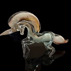 Vintage Blown Art Glass Unicorn Horse Figurine Abstract Clear/Amber 7.5H 10.75"W