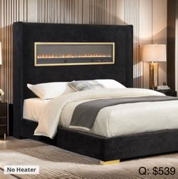 Queen bed frame with fireplace display