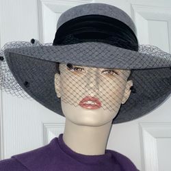 HAT - PLAZA SUITE BY BETMAR GRAY AND BLACK VELVET WITH NETTING DESIGNER HAT – EASTER CHURCH HAT