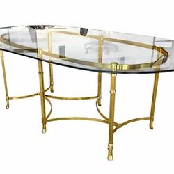 Vintage Hollywood Regency Brass & Beveled Glass Oval Dining Table | Maison Jansen Style | 7 Ft