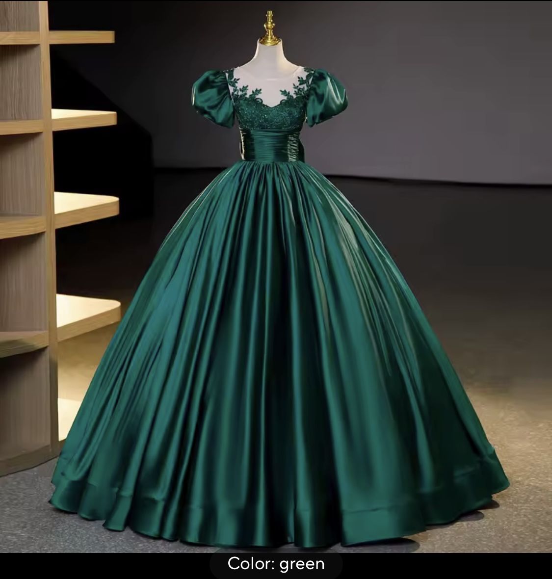 Limited edition custom French green ball gown applique satin prom birthday party dress formal occasion evening dress.