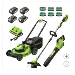 Greenworks 2x24V Mower, Trimmer, Blower Combo Kit with (4) 4ah Batteries