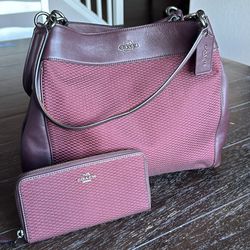 Coach Lexy Legacy Jacquard Burgundy/Oxblood Purse Shoulder Bag with matching wallet