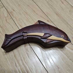 Dolphin Wooden Intarsia Puzzle Box Secret Chamber Handmade Handcrafted Ocean Sea Marine Fish Sea Life Collectible