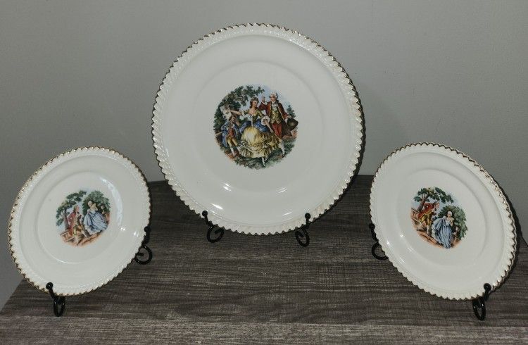 Set of 3 Vintage Harker Pottery USA China Plates with 22kt Gold Trim (2 Sizes)