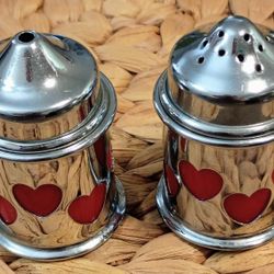 Chrome Metal Salt & Pepper Shakers With ♥️ Shaped Cutouts And Red Inserts