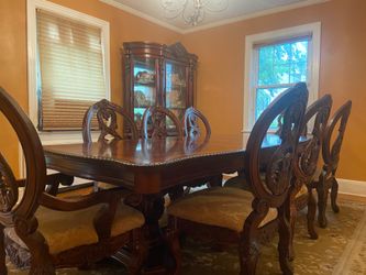 Solid Mahogany Dining Set - Table + Leaf + 8 Chairs + 2-Piece China Cabinet