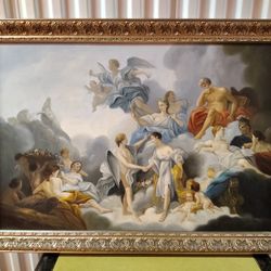 Large Classical Painting Signed Zhony Xian Angles And Cherubs Ornate Gilt Frame