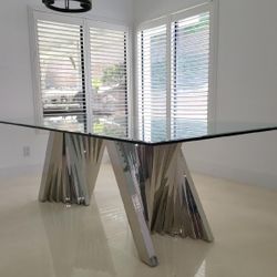 Glass Dining Table With Silver Stainless Steel Contemporary Base