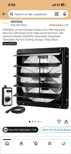 Ventisol 24 Inch Shutter Exhaust Fan with Speed Controller