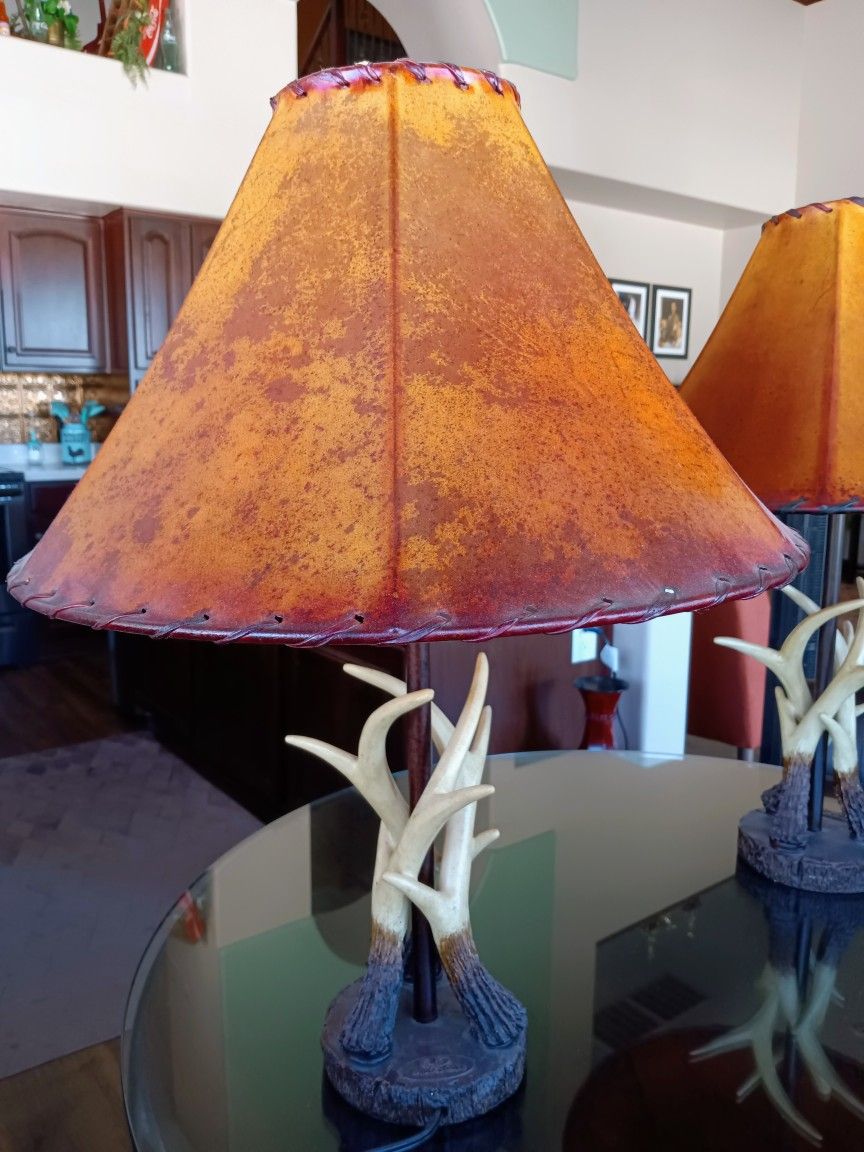 2 Deer Antler Style Mantle Lamps with Real Rawhide Lamp Shades