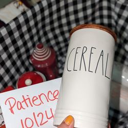 Rae Dunn Cereal Cellar With Woodgrain Lid